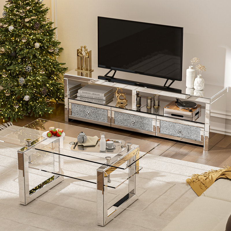 Mercer41 Mirrored Tv Stand For 65 Inch Tv Silver Entertainment Center With 3 Drawers 2 Open Storage For Living Room tv Console Table With Crushed Diamond For Bedrooms Wayfair